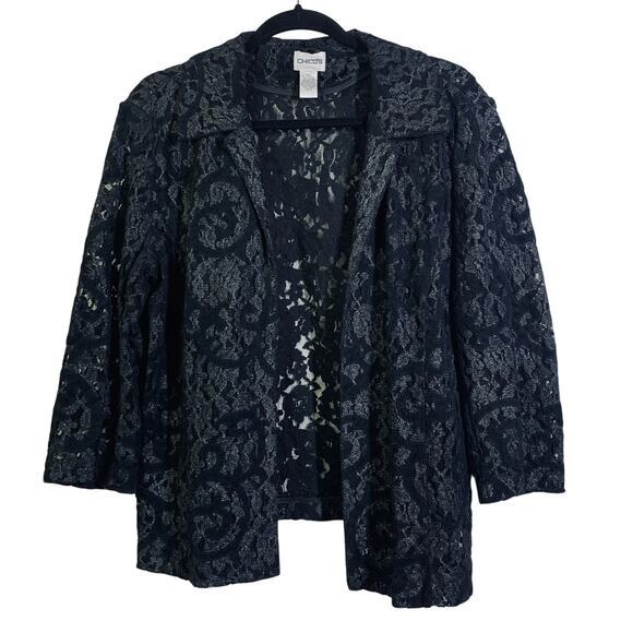 CHICO'S Blazer Open Front Cardigan Velvet & Lace Burnout Black Tie Cocktail‎ - Picture 1 of 12